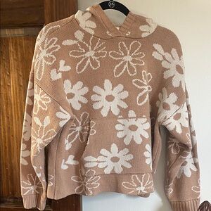 La Hearts Cream Floral Knit Hoodie Sweater in Tan